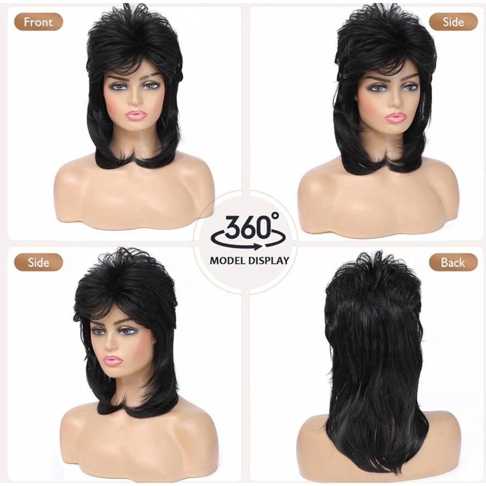 NWT Unisex Black Mullet Wig 80s 90s Rocker Shag Costume Halloween Punk - Picture 2 of 3
